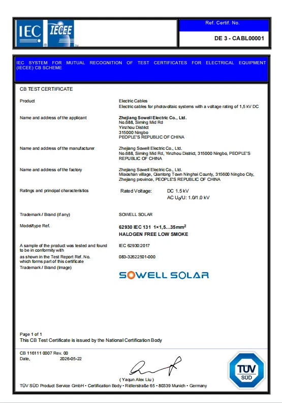 Les câbles photovoltaïques SOWELLSOLAR reçoivent la reconnaissance de la certification TÜV SÜD IECEE-CB